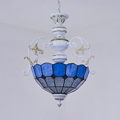White Finish Bowl Suspension Light 2 Bulbs Stained Glass Tiffany Style Pendant Lamp with Diamond/Blue Square/Blue Diamond/Red Diamond Clearhalo 'Ceiling Lights' 'Chandeliers' 'Industrial' 'Middle Century Chandeliers' 'Pendant Lights' 'Tiffany Chandeliers' 'Tiffany close to ceiling' 'Tiffany' Lighting' 38253