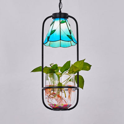 Blue/Beige Cone Pendant Light Fixture Tiffany Stylish 1 Head Hand Cut Glass Ceiling Suspension Lamp with Planting Clearhalo 'Ceiling Lights' 'Chandeliers' 'Industrial' 'Middle Century Pendants' 'Pendant Lights' 'Pendants' 'Tiffany close to ceiling' 'Tiffany Pendants' 'Tiffany' Lighting' 38274