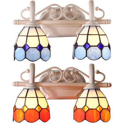 Dome Double Wall Sconce Light with Curved Arm Stained Glass Traditional Wall Lighting in Blue/Orange Clearhalo 'Industrial' 'Middle century wall lights' 'Tiffany wall lights' 'Tiffany' 'Wall Lamps & Sconces' 'Wall Lights' Lighting' 38295