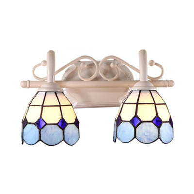 Dome Double Wall Sconce Light with Curved Arm Stained Glass Traditional Wall Lighting in Blue/Orange Clearhalo 'Industrial' 'Middle century wall lights' 'Tiffany wall lights' 'Tiffany' 'Wall Lamps & Sconces' 'Wall Lights' Lighting' 38296