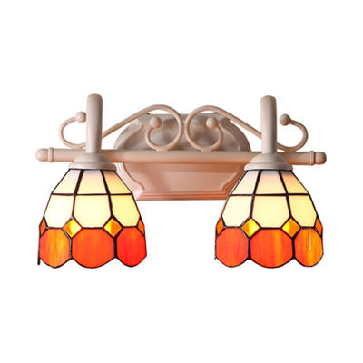 Dome Double Wall Sconce Light with Curved Arm Stained Glass Traditional Wall Lighting in Blue/Orange Clearhalo 'Industrial' 'Middle century wall lights' 'Tiffany wall lights' 'Tiffany' 'Wall Lamps & Sconces' 'Wall Lights' Lighting' 38298