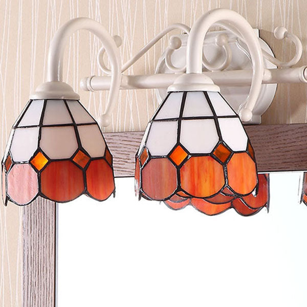 Dome Double Wall Sconce Light with Curved Arm Stained Glass Traditional Wall Lighting in Blue/Orange Orange Clearhalo 'Industrial' 'Middle century wall lights' 'Tiffany wall lights' 'Tiffany' 'Wall Lamps & Sconces' 'Wall Lights' Lighting' 38299