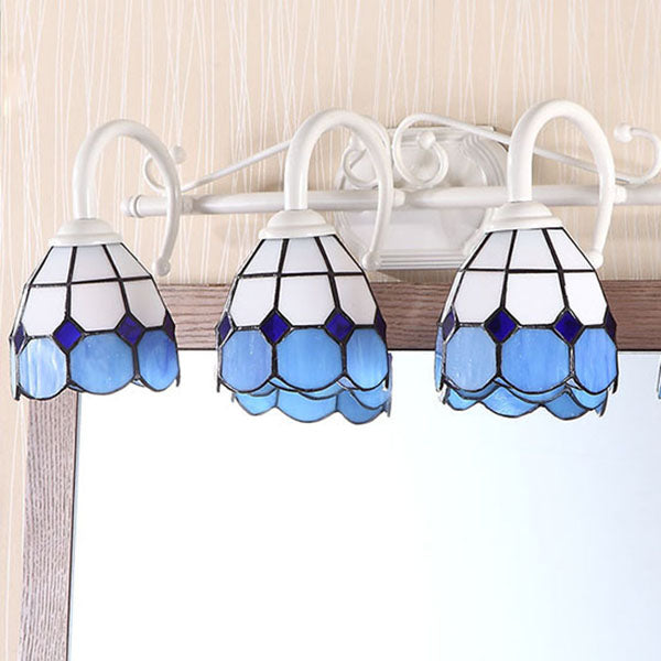 3 Lights Grid Dome Wall Sconce Stained Glass Tiffany Bathroom Vanity Light in Blue/Orange Blue Clearhalo 'Industrial' 'Middle century wall lights' 'Tiffany wall lights' 'Tiffany' 'Wall Lamps & Sconces' 'Wall Lights' Lighting' 38333