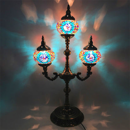 3 Lights Trident Night Light Traditional Beige/Orange/Blue Multicolored Stained Glass for Bedside Blue Clearhalo 'Lamps' 'Table Lamps' Lighting' 384099