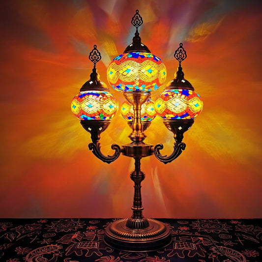 Stained Glass Candelabra Task Lamp Traditional 4 Lights Bedside Nightstand Lamp in Yellow/Orange/Blue Yellow Clearhalo 'Lamps' 'Table Lamps' Lighting' 384133