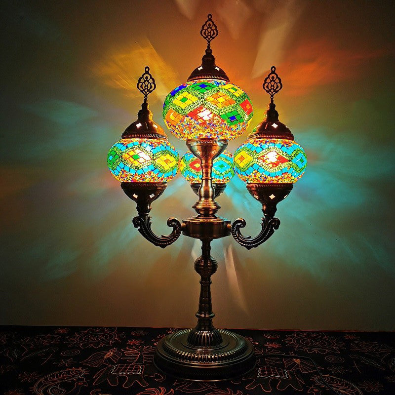 Stained Glass Candelabra Task Lamp Traditional 4 Lights Bedside Nightstand Lamp in Yellow/Orange/Blue Green Clearhalo 'Lamps' 'Table Lamps' Lighting' 384136