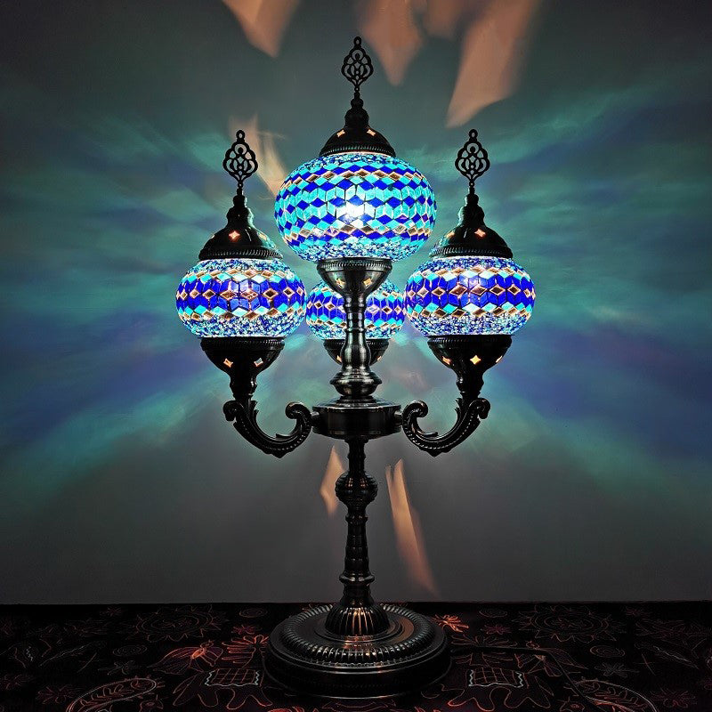 Stained Glass Candelabra Task Lamp Traditional 4 Lights Bedside Nightstand Lamp in Yellow/Orange/Blue Blue Clearhalo 'Lamps' 'Table Lamps' Lighting' 384139