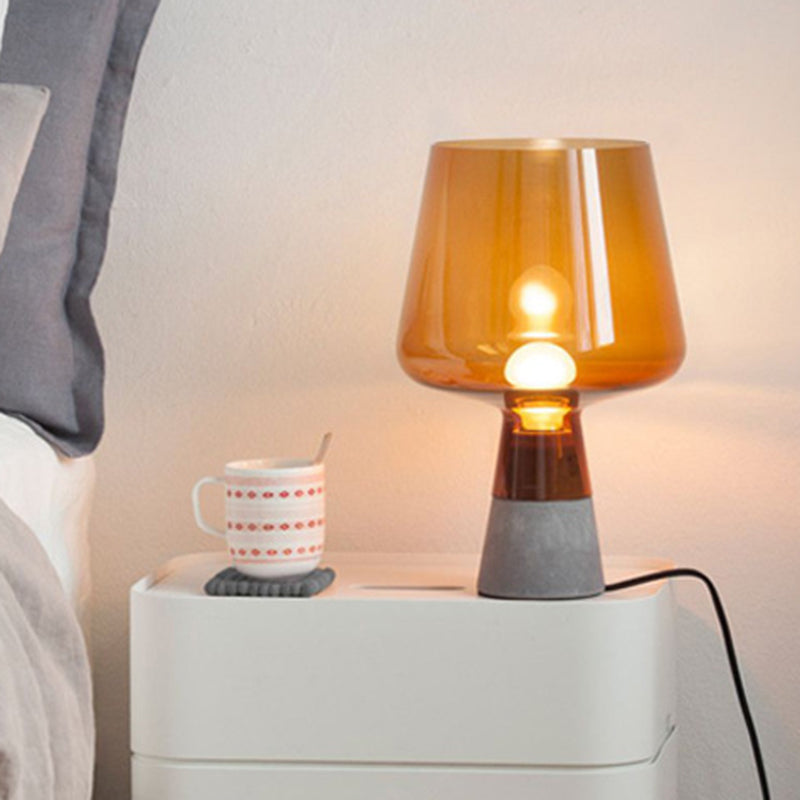 Cup Table Light Modern Smoke Gray/Amber Glass 8"/10" Wide 1 Head Nightstand Lamp with Cement Base Amber 10" Clearhalo 'Lamps' 'Table Lamps' Lighting' 384687