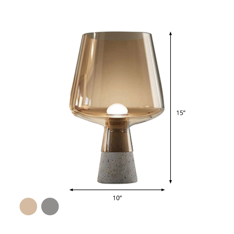 Cup Table Light Modern Smoke Gray/Amber Glass 8"/10" Wide 1 Head Nightstand Lamp with Cement Base Clearhalo 'Lamps' 'Table Lamps' Lighting' 384692
