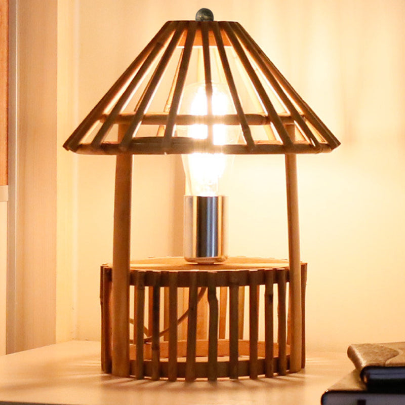 1 Head Living Room Task Lighting Asian Beige Desk Lamp with Handcrafted Wood Shade Clearhalo 'Lamps' 'Table Lamps' Lighting' 384727