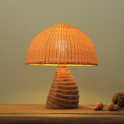 Domed Bamboo Small Desk Lamp Asian 1 Head Beige Task Lighting with Curvy Wood Base Beige Clearhalo 'Lamps' 'Table Lamps' Lighting' 384741