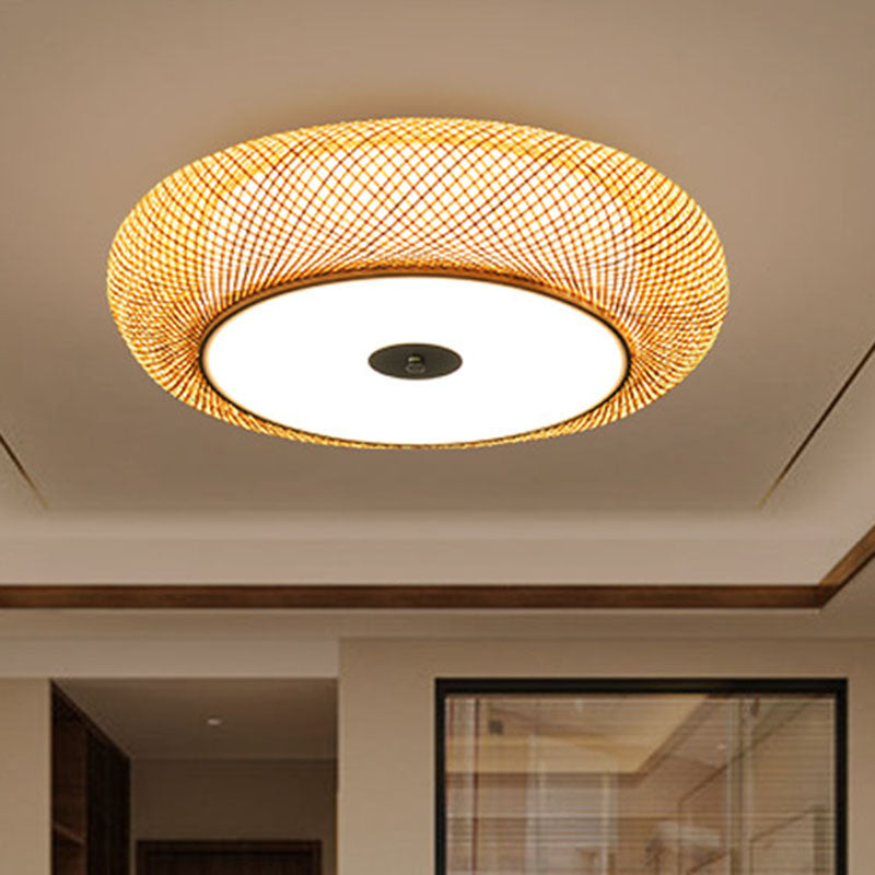 2 Heads Hand Woven Flush Mount Chinese Bamboo Close to Ceiling Lighting in Flaxen Flaxen Clearhalo 'Ceiling Lights' 'Close To Ceiling Lights' 'Close to ceiling' 'Flush mount' Lighting' 384761