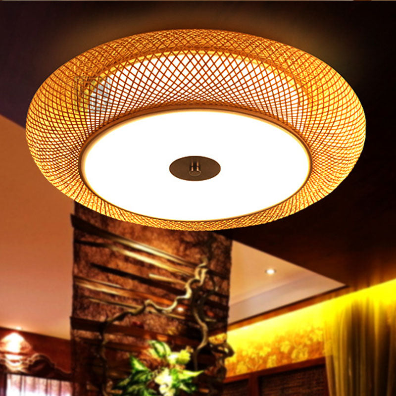 2 Heads Hand Woven Flush Mount Chinese Bamboo Close to Ceiling Lighting in Flaxen Clearhalo 'Ceiling Lights' 'Close To Ceiling Lights' 'Close to ceiling' 'Flush mount' Lighting' 384762