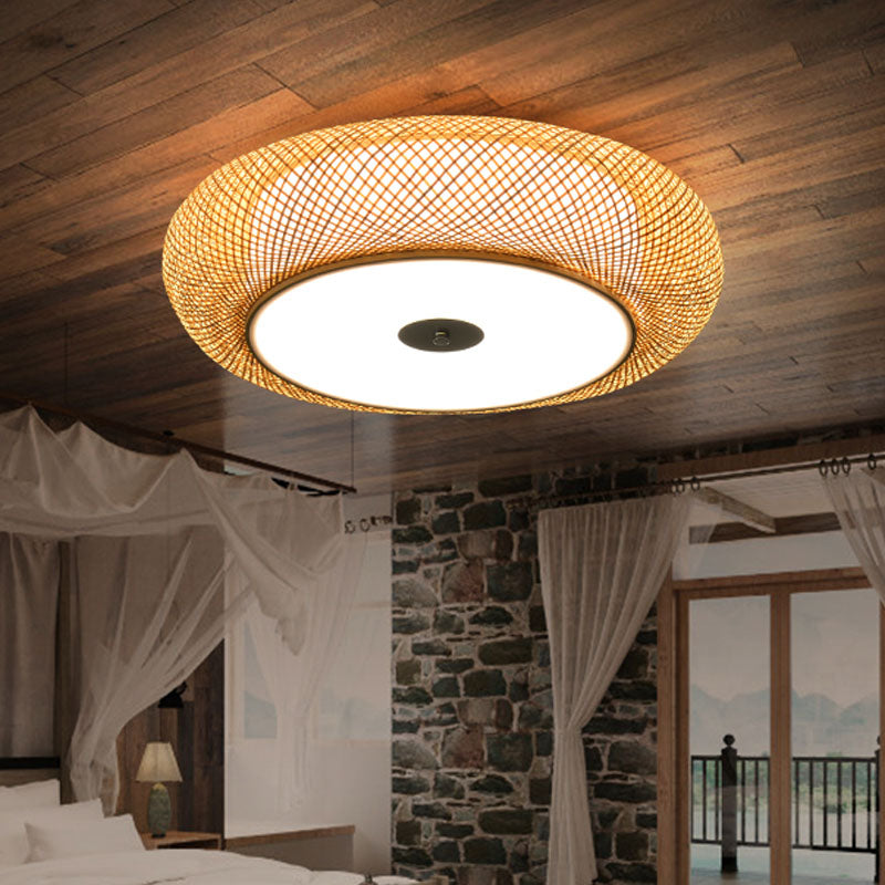 2 Heads Hand Woven Flush Mount Chinese Bamboo Close to Ceiling Lighting in Flaxen Clearhalo 'Ceiling Lights' 'Close To Ceiling Lights' 'Close to ceiling' 'Flush mount' Lighting' 384763