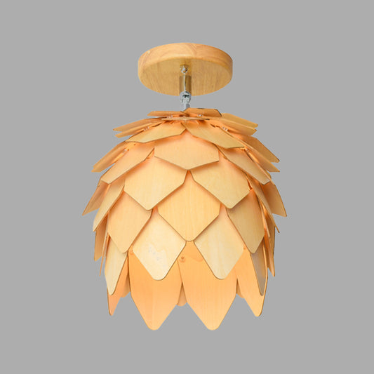 1 Bulb Bedroom Semi Flush Light Asia Beige Ceiling Mounted Fixture with Dome Wood Shade Clearhalo 'Ceiling Lights' 'Close To Ceiling Lights' 'Close to ceiling' 'Semi-flushmount' Lighting' 384774