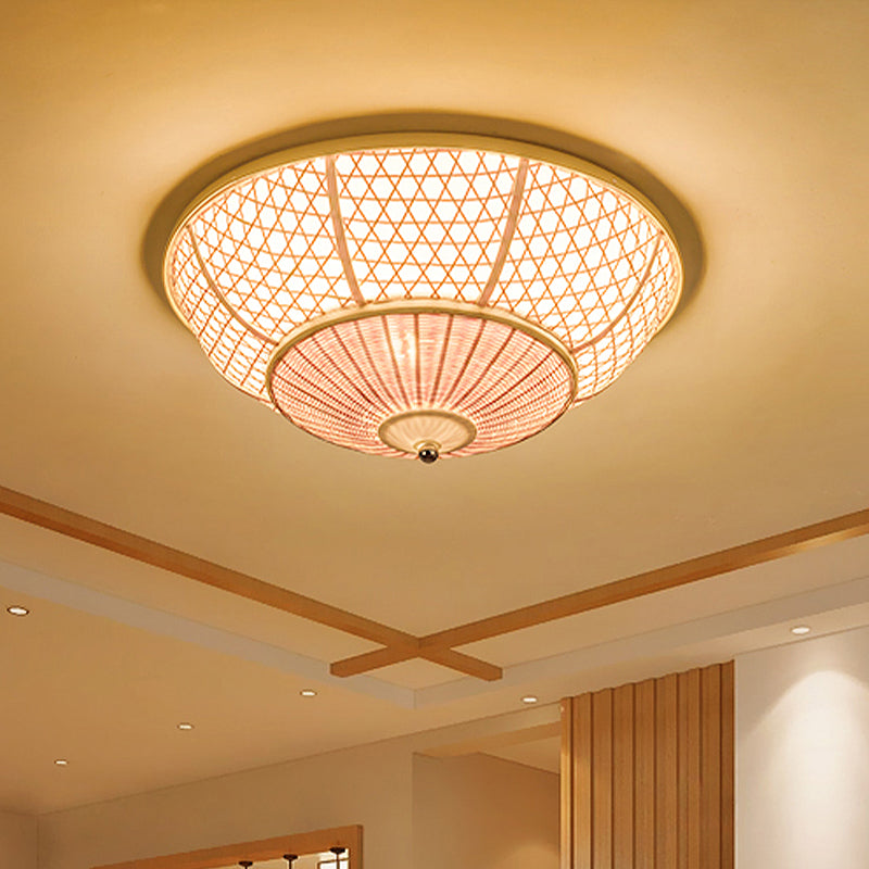 Dome Bamboo Flush Light Chinese 3 Bulbs Beige Ceiling Mounted Fixture for Living Room Beige Clearhalo 'Ceiling Lights' 'Close To Ceiling Lights' 'Close to ceiling' 'Flush mount' Lighting' 384818