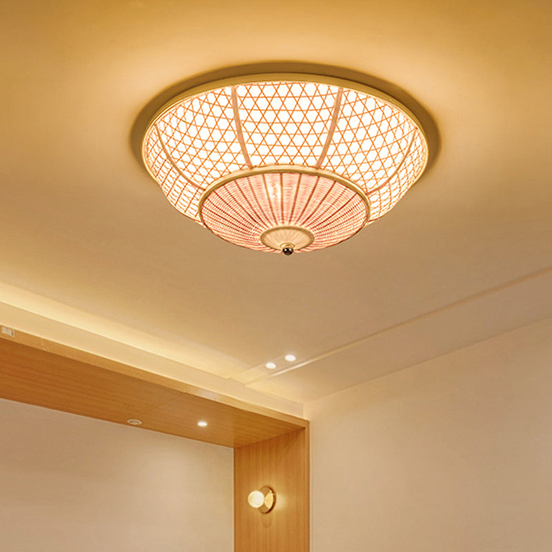 Dome Bamboo Flush Light Chinese 3 Bulbs Beige Ceiling Mounted Fixture for Living Room Clearhalo 'Ceiling Lights' 'Close To Ceiling Lights' 'Close to ceiling' 'Flush mount' Lighting' 384820