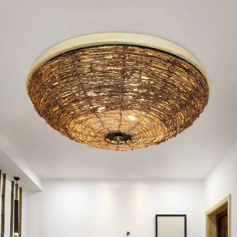 3 Bulbs Dining Room Flush Mount Asian Brown Ceiling Mounted Light with Bowl Rattan Shade Clearhalo 'Ceiling Lights' 'Close To Ceiling Lights' 'Close to ceiling' 'Flush mount' Lighting' 384824
