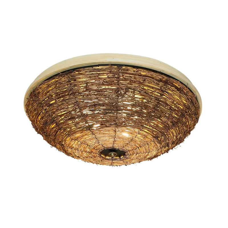 3 Bulbs Dining Room Flush Mount Asian Brown Ceiling Mounted Light with Bowl Rattan Shade Clearhalo 'Ceiling Lights' 'Close To Ceiling Lights' 'Close to ceiling' 'Flush mount' Lighting' 384825