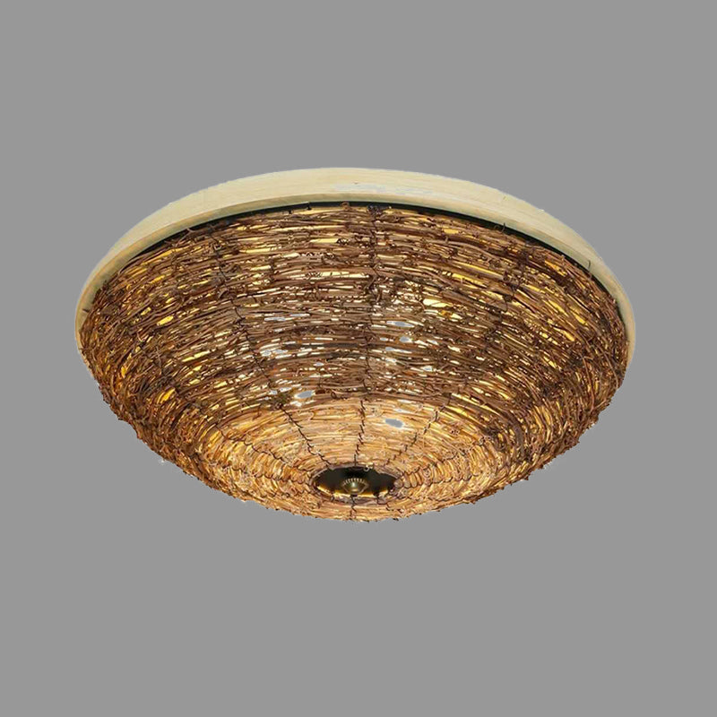 3 Bulbs Dining Room Flush Mount Asian Brown Ceiling Mounted Light with Bowl Rattan Shade Clearhalo 'Ceiling Lights' 'Close To Ceiling Lights' 'Close to ceiling' 'Flush mount' Lighting' 384826