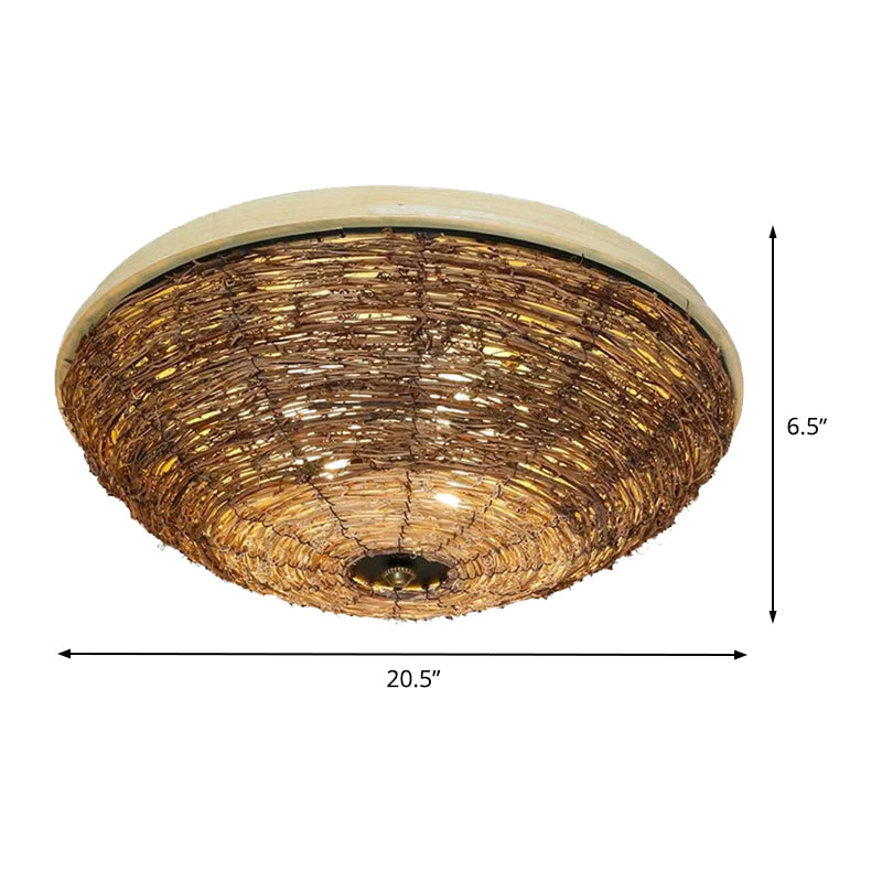 3 Bulbs Dining Room Flush Mount Asian Brown Ceiling Mounted Light with Bowl Rattan Shade Clearhalo 'Ceiling Lights' 'Close To Ceiling Lights' 'Close to ceiling' 'Flush mount' Lighting' 384827