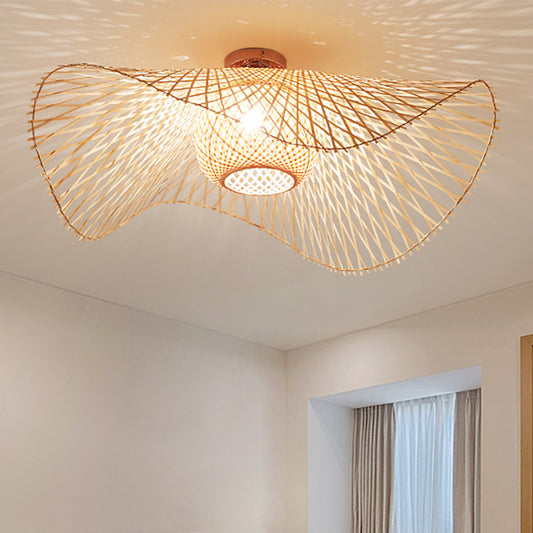 Bamboo Hand-Worked Semi-Flush Mount Japanese 2 Bulbs Close to Ceiling Lighting in Beige Clearhalo 'Ceiling Lights' 'Close To Ceiling Lights' 'Close to ceiling' 'Semi-flushmount' Lighting' 384829
