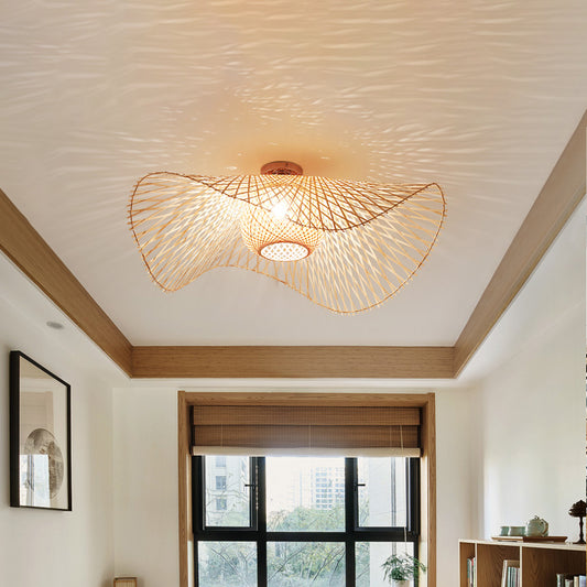 Bamboo Hand-Worked Semi-Flush Mount Japanese 2 Bulbs Close to Ceiling Lighting in Beige Clearhalo 'Ceiling Lights' 'Close To Ceiling Lights' 'Close to ceiling' 'Semi-flushmount' Lighting' 384830
