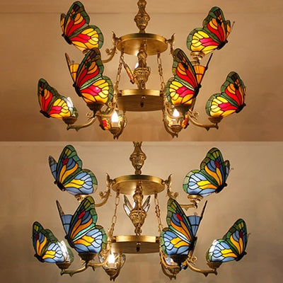 Butterfly Chandelier Lamp 9 Lights Rustic Lodge Stained Glass Pendant Lighting in Red/Blue for Foyer Clearhalo 'Ceiling Lights' 'Chandeliers' 'Industrial' 'Middle Century Chandeliers' 'Tiffany Chandeliers' 'Tiffany close to ceiling' 'Tiffany' Lighting' 38490