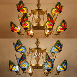 Butterfly Chandelier Lamp 9 Lights Rustic Lodge Stained Glass Pendant Lighting in Red/Blue for Foyer Clearhalo 'Ceiling Lights' 'Chandeliers' 'Industrial' 'Middle Century Chandeliers' 'Tiffany Chandeliers' 'Tiffany close to ceiling' 'Tiffany' Lighting' 38490
