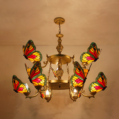 Butterfly Chandelier Lamp 9 Lights Rustic Lodge Stained Glass Pendant Lighting in Red/Blue for Foyer Red Clearhalo 'Ceiling Lights' 'Chandeliers' 'Industrial' 'Middle Century Chandeliers' 'Tiffany Chandeliers' 'Tiffany close to ceiling' 'Tiffany' Lighting' 38491