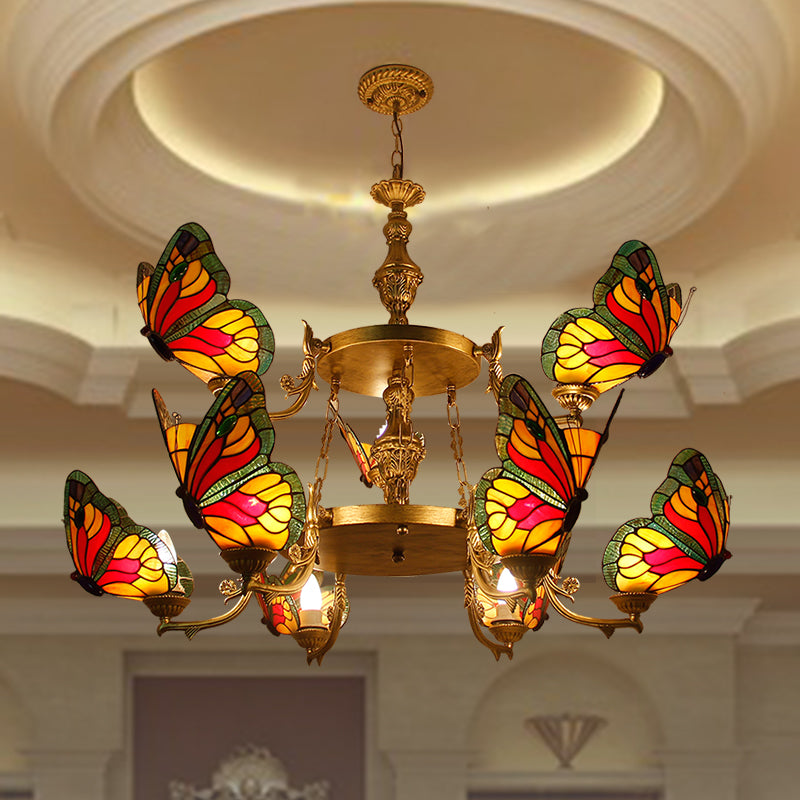 Butterfly Chandelier Lamp 9 Lights Rustic Lodge Stained Glass Pendant Lighting in Red/Blue for Foyer Clearhalo 'Ceiling Lights' 'Chandeliers' 'Industrial' 'Middle Century Chandeliers' 'Tiffany Chandeliers' 'Tiffany close to ceiling' 'Tiffany' Lighting' 38492