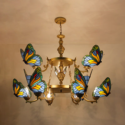 Butterfly Chandelier Lamp 9 Lights Rustic Lodge Stained Glass Pendant Lighting in Red/Blue for Foyer Blue Clearhalo 'Ceiling Lights' 'Chandeliers' 'Industrial' 'Middle Century Chandeliers' 'Tiffany Chandeliers' 'Tiffany close to ceiling' 'Tiffany' Lighting' 38493