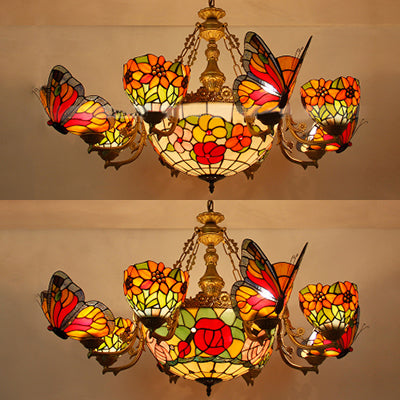 Dome Chandelier with Butterfly and Sunflower Multi Light Stained Glass Rustic Rose/Flower Hanging Lighting in Red Clearhalo 'Ceiling Lights' 'Chandeliers' 'Industrial' 'Middle Century Chandeliers' 'Tiffany Chandeliers' 'Tiffany close to ceiling' 'Tiffany' Lighting' 38542