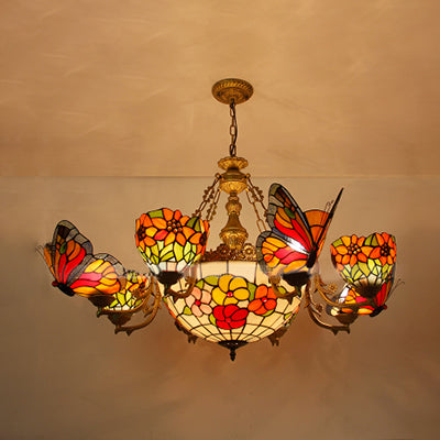 Dome Chandelier with Butterfly and Sunflower Multi Light Stained Glass Rustic Rose/Flower Hanging Lighting in Red Red Flower Clearhalo 'Ceiling Lights' 'Chandeliers' 'Industrial' 'Middle Century Chandeliers' 'Tiffany Chandeliers' 'Tiffany close to ceiling' 'Tiffany' Lighting' 38543