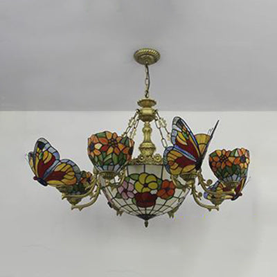 Dome Chandelier with Butterfly and Sunflower Multi Light Stained Glass Rustic Rose/Flower Hanging Lighting in Red Clearhalo 'Ceiling Lights' 'Chandeliers' 'Industrial' 'Middle Century Chandeliers' 'Tiffany Chandeliers' 'Tiffany close to ceiling' 'Tiffany' Lighting' 38544