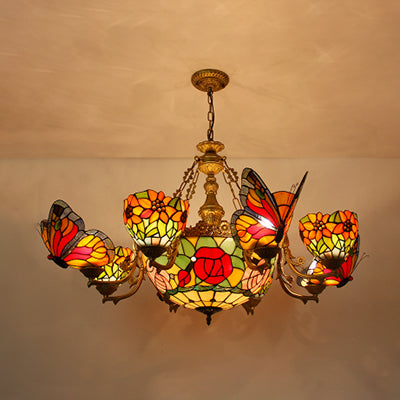 Dome Chandelier with Butterfly and Sunflower Multi Light Stained Glass Rustic Rose/Flower Hanging Lighting in Red Red Rose Clearhalo 'Ceiling Lights' 'Chandeliers' 'Industrial' 'Middle Century Chandeliers' 'Tiffany Chandeliers' 'Tiffany close to ceiling' 'Tiffany' Lighting' 38545