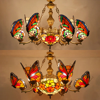 Lodge Butterfly Hanging Ceiling Light with Dome Shade Colorful Glass Shade Flower/Rose Chandelier in Red for Staircase Clearhalo 'Ceiling Lights' 'Chandeliers' 'Industrial' 'Middle Century Chandeliers' 'Tiffany Chandeliers' 'Tiffany close to ceiling' 'Tiffany' Lighting' 38547
