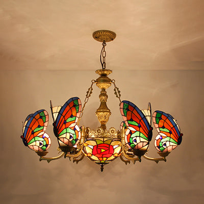 Lodge Butterfly Hanging Ceiling Light with Dome Shade Colorful Glass Shade Flower/Rose Chandelier in Red for Staircase Clearhalo 'Ceiling Lights' 'Chandeliers' 'Industrial' 'Middle Century Chandeliers' 'Tiffany Chandeliers' 'Tiffany close to ceiling' 'Tiffany' Lighting' 38548