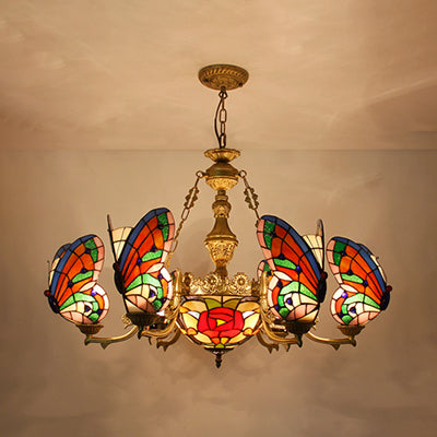Lodge Butterfly Hanging Ceiling Light with Dome Shade Colorful Glass Shade Flower/Rose Chandelier in Red for Staircase Clearhalo 'Ceiling Lights' 'Chandeliers' 'Industrial' 'Middle Century Chandeliers' 'Tiffany Chandeliers' 'Tiffany close to ceiling' 'Tiffany' Lighting' 38548