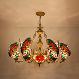 Lodge Butterfly Hanging Ceiling Light with Dome Shade Colorful Glass Shade Flower/Rose Chandelier in Red for Staircase Clearhalo 'Ceiling Lights' 'Chandeliers' 'Industrial' 'Middle Century Chandeliers' 'Tiffany Chandeliers' 'Tiffany close to ceiling' 'Tiffany' Lighting' 38548