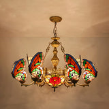 Lodge Butterfly Hanging Ceiling Light with Dome Shade Colorful Glass Shade Flower/Rose Chandelier in Red for Staircase Clearhalo 'Ceiling Lights' 'Chandeliers' 'Industrial' 'Middle Century Chandeliers' 'Tiffany Chandeliers' 'Tiffany close to ceiling' 'Tiffany' Lighting' 38548