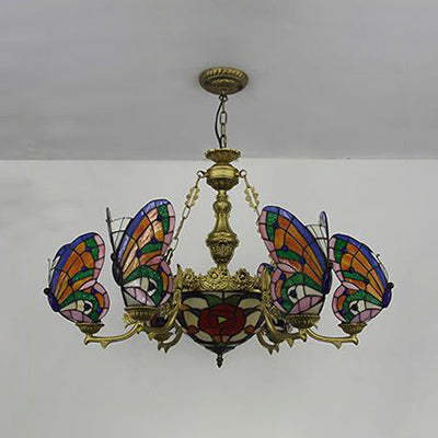 Lodge Butterfly Hanging Ceiling Light with Dome Shade Colorful Glass Shade Flower/Rose Chandelier in Red for Staircase Clearhalo 'Ceiling Lights' 'Chandeliers' 'Industrial' 'Middle Century Chandeliers' 'Tiffany Chandeliers' 'Tiffany close to ceiling' 'Tiffany' Lighting' 38549