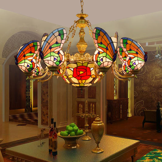 Lodge Butterfly Hanging Ceiling Light with Dome Shade Colorful Glass Shade Flower/Rose Chandelier in Red for Staircase Red Rose Clearhalo 'Ceiling Lights' 'Chandeliers' 'Industrial' 'Middle Century Chandeliers' 'Tiffany Chandeliers' 'Tiffany close to ceiling' 'Tiffany' Lighting' 38550