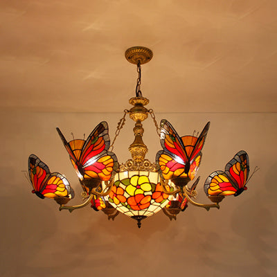 Lodge Butterfly Hanging Ceiling Light with Dome Shade Colorful Glass Shade Flower/Rose Chandelier in Red for Staircase Red Flower Clearhalo 'Ceiling Lights' 'Chandeliers' 'Industrial' 'Middle Century Chandeliers' 'Tiffany Chandeliers' 'Tiffany close to ceiling' 'Tiffany' Lighting' 38551