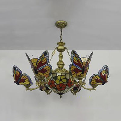 Lodge Butterfly Hanging Ceiling Light with Dome Shade Colorful Glass Shade Flower/Rose Chandelier in Red for Staircase Clearhalo 'Ceiling Lights' 'Chandeliers' 'Industrial' 'Middle Century Chandeliers' 'Tiffany Chandeliers' 'Tiffany close to ceiling' 'Tiffany' Lighting' 38552
