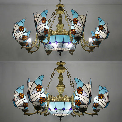 7/9 Lights Nautical Lodge Chandelier with Butterfly Blue Glass Indoor Lighting Fixture for Living Room Clearhalo 'Ceiling Lights' 'Chandeliers' 'Industrial' 'Middle Century Chandeliers' 'Tiffany Chandeliers' 'Tiffany close to ceiling' 'Tiffany' Lighting' 38565