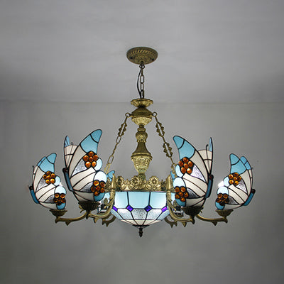 7/9 Lights Nautical Lodge Chandelier with Butterfly Blue Glass Indoor Lighting Fixture for Living Room 7 Blue Clearhalo 'Ceiling Lights' 'Chandeliers' 'Industrial' 'Middle Century Chandeliers' 'Tiffany Chandeliers' 'Tiffany close to ceiling' 'Tiffany' Lighting' 38566