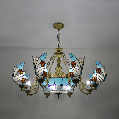 7/9 Lights Nautical Lodge Chandelier with Butterfly Blue Glass Indoor Lighting Fixture for Living Room 9 Blue Clearhalo 'Ceiling Lights' 'Chandeliers' 'Industrial' 'Middle Century Chandeliers' 'Tiffany Chandeliers' 'Tiffany close to ceiling' 'Tiffany' Lighting' 38567