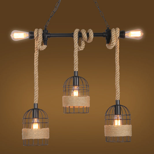 3/5 Bulbs Pendant Lighting with Birdcage and Natural Rope Loft Industrial Restaurant Ceiling Hanging Light in Black Clearhalo 'Art Deco Pendants' 'Black' 'Cast Iron' 'Ceiling Lights' 'Ceramic' 'Crystal' 'Industrial Pendants' 'Industrial' 'Metal' 'Middle Century Pendants' 'Pendant Lights' 'Pendants' 'Rustic Pendants' 'Tiffany' Lighting' 38720