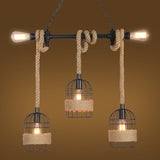 3/5 Bulbs Pendant Lighting with Birdcage and Natural Rope Loft Industrial Restaurant Ceiling Hanging Light in Black Clearhalo 'Art Deco Pendants' 'Black' 'Cast Iron' 'Ceiling Lights' 'Ceramic' 'Crystal' 'Industrial Pendants' 'Industrial' 'Metal' 'Middle Century Pendants' 'Pendant Lights' 'Pendants' 'Rustic Pendants' 'Tiffany' Lighting' 38720